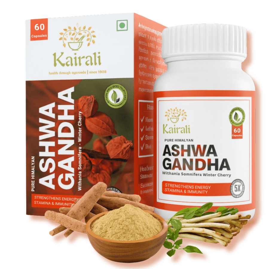 Ashwagandha capsules — carton and bottle with ashwagandha roots