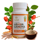 Ashwagandha capsules — bottle with roots and leaves