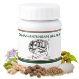 Dhanwantharam Gulika — white bottle with herbs