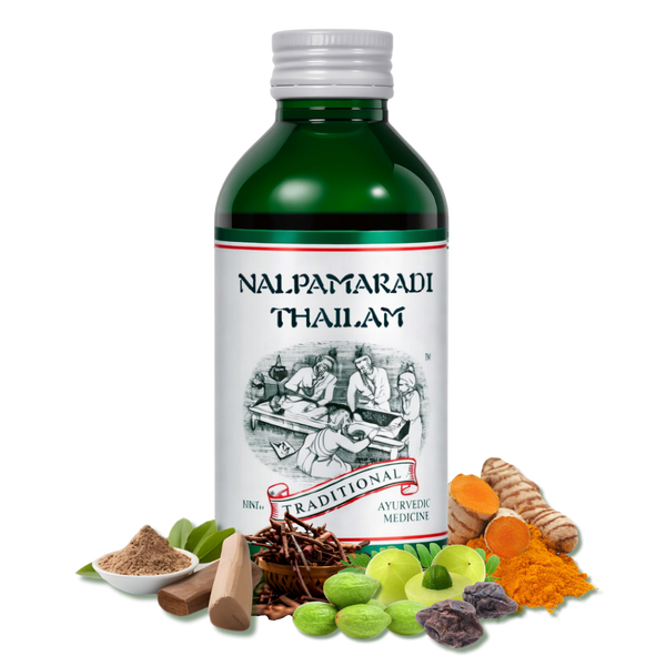 Nalpamaradi Thailam — 200 ml bottle with herbs