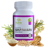 Shatavari capsules — bottle with shatavari roots and flowers