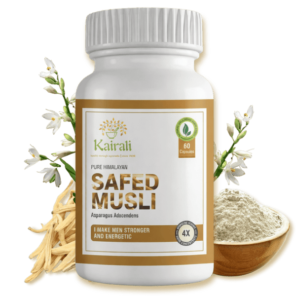 Safed Musli capsules — capsule bottle with roots and powder